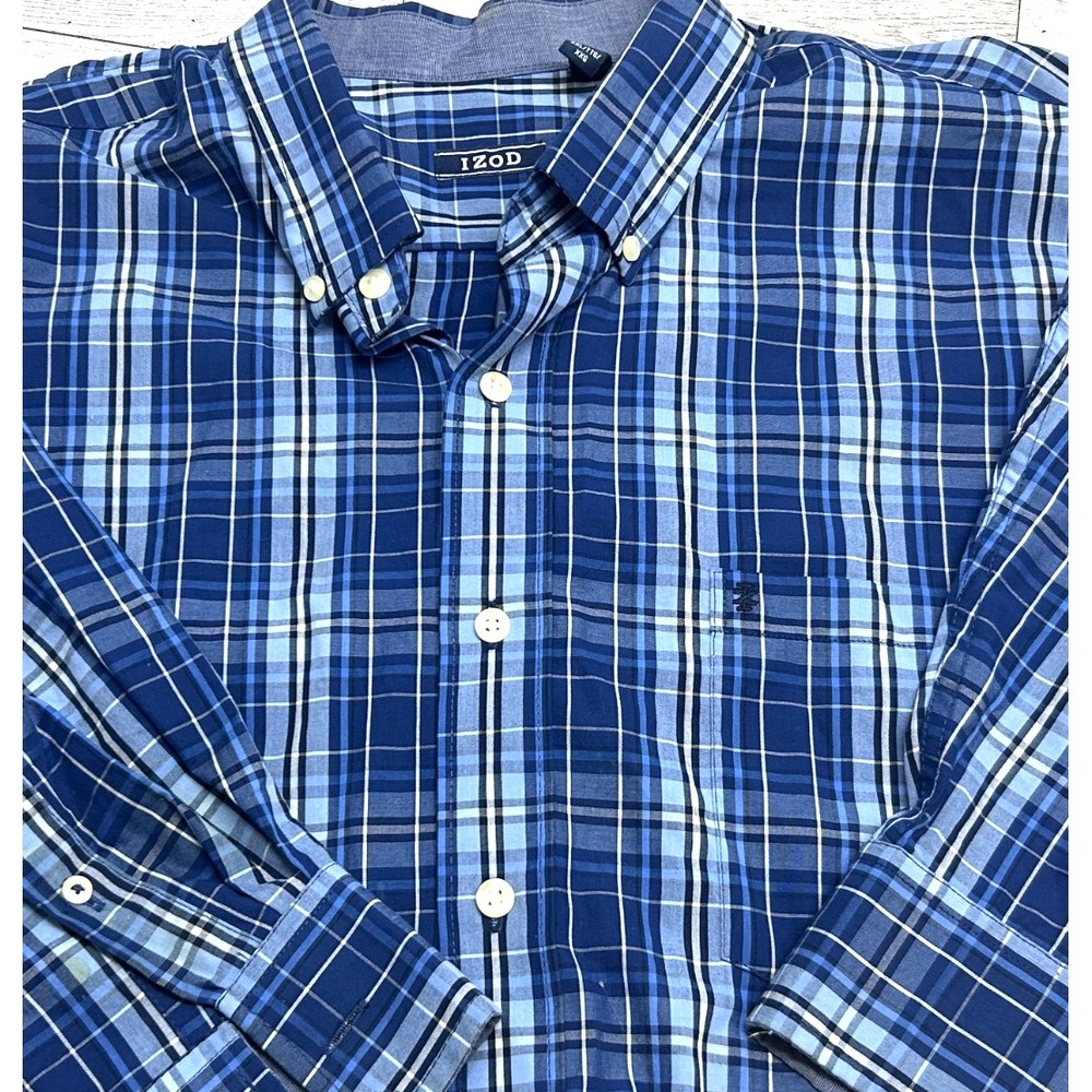 Izod Blue White Plaid Polo Button Down Long Sleeve‎ Shirt Mens XXL